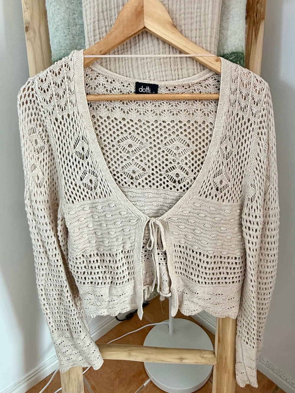 Dotti Cream Open-Knit Tie Front Sweater Cardigan